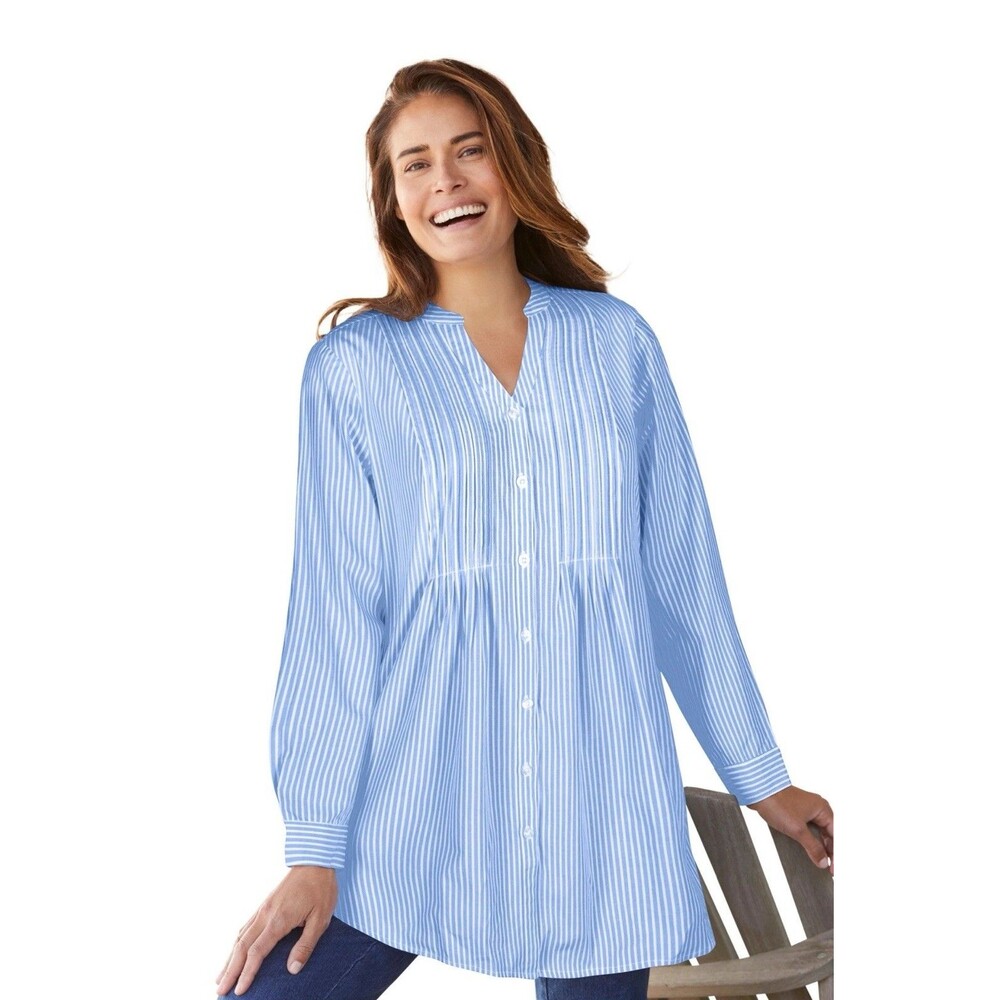 Woman Within Women's Plus Size Perfect Pintuck Tunic French Blue Large 18/20
